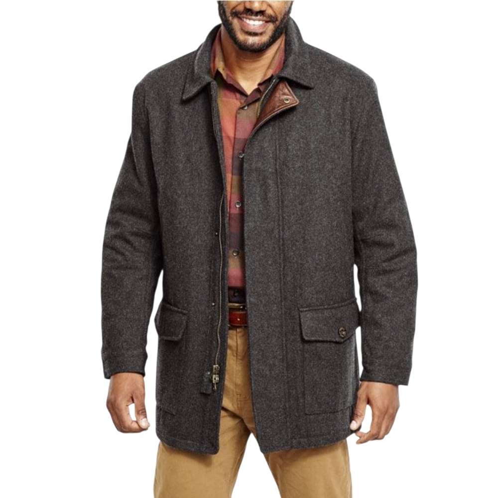 Orvis Charcoal Gray Wool Blend Leather Trim Insulated Car Coat Driving Jacket XL